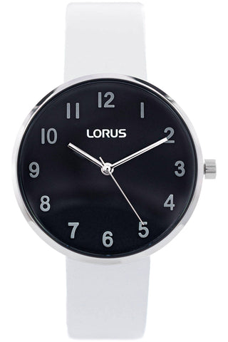 Front view of Lorus Lady RG225SX9 Black Dial White Leather Womens Watch on white background