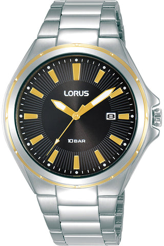 Front view of Lorus Classic RH942PX9 Black Dial Grey Stainless Steel Mens Watch on white background