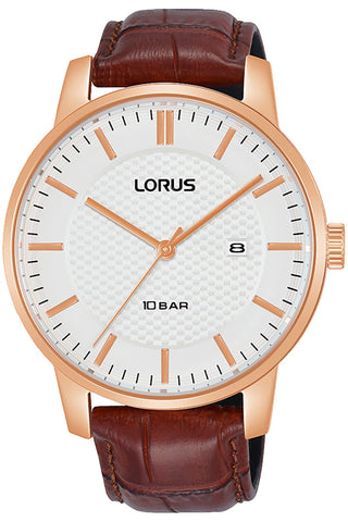 Front view of Lorus Classic RH978NX9 White Dial Brown Leather Mens Watch on white background