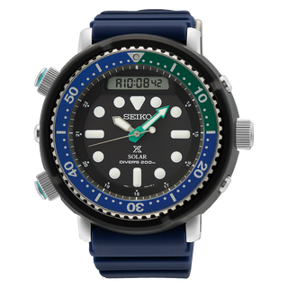 Front view of Seiko Prospex SNJ039P1 Black Dial Blue Silicone Mens Watch on white background