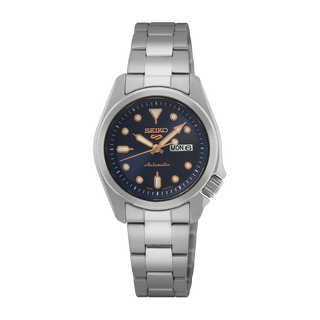 Front view of Seiko 5 Sports SRE003K1 Blue Dial Steel Stainless Steel Mens Watch on white background