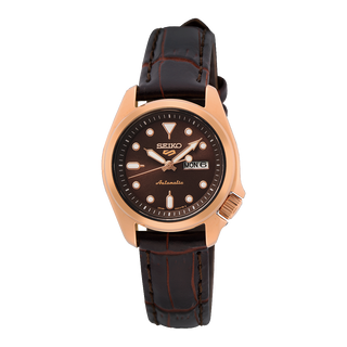 Front view of Seiko 5 Sports SRE006K1 Brown Leather Mens Watch on white background