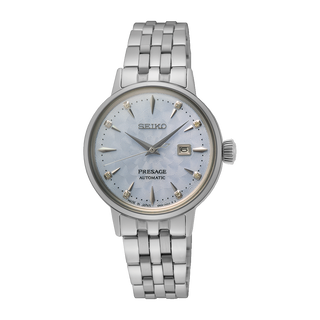 Front view of Seiko Presage SRE007J1 Blue Dial Steel Stainless Steel Womens Watch on white background