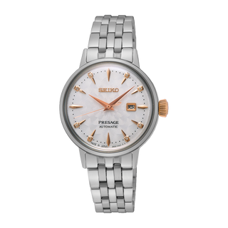 Front view of Seiko Presage SRE009J1 White Dial Steel Stainless Steel Womens Watch on white background