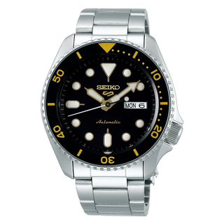 Front view of Seiko 5 Sports SRPD57K1 Black Dial Steel Stainless Steel Mens Watch on white background