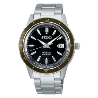 Front view of Seiko Presage SRPG07J1 Black Dial Steel Stainless Steel Mens Watch on white background