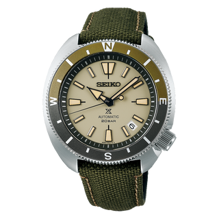 Front view of Seiko Prospex SRPG13K1 Beige Dial Green Textile Mens Watch on white background