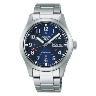 Front view of Seiko 5 Sports SRPG29K1 Blue Dial Steel Stainless Steel Mens Watch on white background