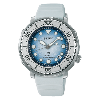 Front view of Seiko Prospex SRPG59J1 Blue Silicone Mens Watch on white background