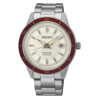 Front view of Seiko Presage SRPH93J1 Beige Dial Steel Stainless Steel Mens Watch on white background