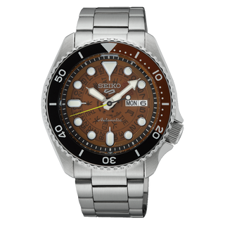 Front view of Seiko 5 Sports SRPJ47K1 Brown Dial Steel Stainless Steel Mens Watch on white background