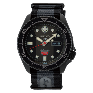 Front view of Seiko 5 Sports SRPJ75K1 Black Textile Mens Watch on white background