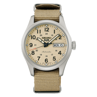 Front view of Seiko 5 Sports SRPJ83K1 Beige Textile Mens Watch on white background