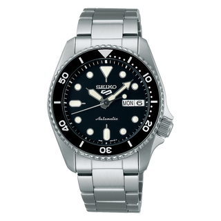 Front view of Seiko 5 Sports SRPK29K1 Black Dial Steel Stainless Steel Mens Watch on white background