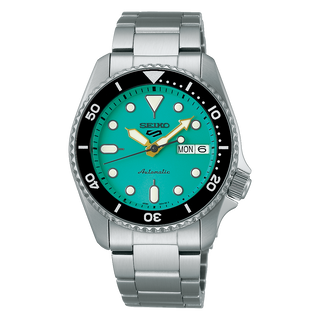 Front view of Seiko 5 Sports SRPK33K1 Green Dial Steel Stainless Steel Mens Watch on white background