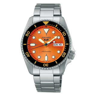 Front view of Seiko 5 Sports SRPK35K1 Orange Dial Steel Stainless Steel Mens Watch on white background