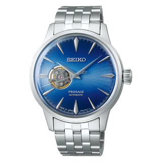 Front view of Seiko Presage SSA439J1 Blue Dial Steel Stainless Steel Mens Watch on white background