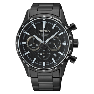 Front view of Seiko Chronograph SSB415P1 Black Stainless Steel Mens Watch on white background