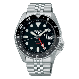 Front view of Seiko 5 Sports SSK001K1 Black Dial Steel Stainless Steel Mens Watch on white background