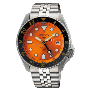 Front view of Seiko 5 Sports SSK005K1 Orange Dial Steel Stainless Steel Mens Watch on white background