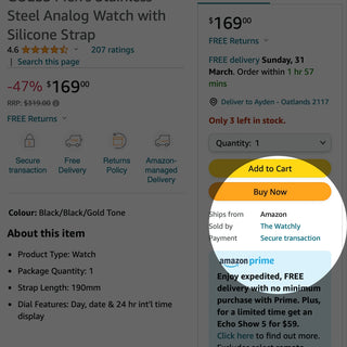 A compact screenshot of the Amazon webpage, showing The Watchly as a seller
