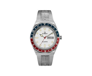 Front view of Timex Q Reissue TW2U61200 White Dial Grey Stainless Steel Mens Watch on white background