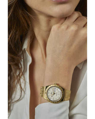 Angle shot of Timex Q Reissue TW2U95800 Yellow Dial Gold Stainless Steel Womens Watch on white background