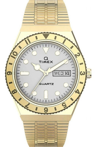 Front view of Timex Q Reissue TW2U95800 Yellow Dial Gold Stainless Steel Womens Watch on white background