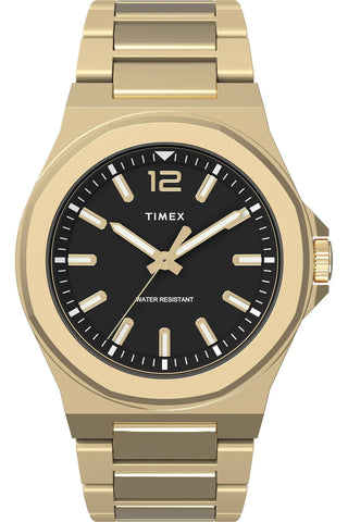 Front view of Timex Essex Avenue TW2V02100 Black Dial Gold Stainless Steel Unisex Watch on white background