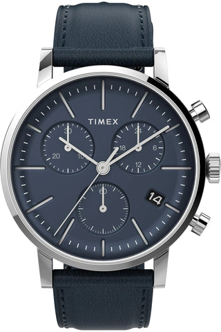 Front view of Timex Chronograph TW2V36800 Blue Leather Unisex Watch on white background