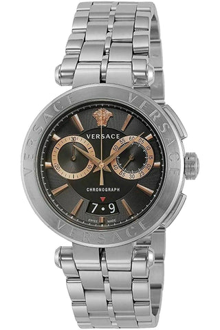 Front view of Versace Chronograph VE1D01019 Black Dial Grey Stainless Steel Mens Watch on white background