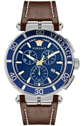 Front view of Versace Chronograph VE3L00122 Blue Dial Brown Leather Mens Watch on white background