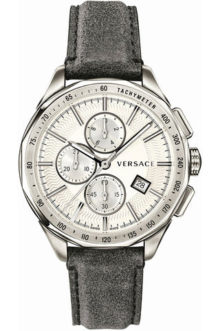 Front view of Versace Chronograph VEBJ00118 Grey Leather Mens Watch on white background