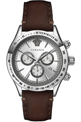 Front view of Versace Chronograph VEV700119 Grey Dial Brown Leather Mens Watch on white background