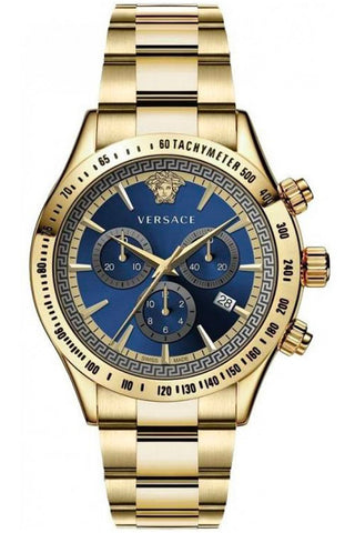 Front view of Versace Chronograph VEV700619 Blue Dial Gold Stainless Steel Mens Watch on white background