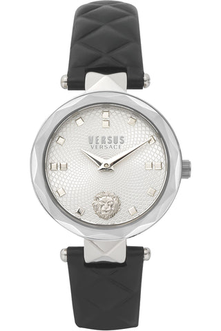 Front view of Versus Covent Garden Petite VSPHK0120 Grey Dial Black Leather Womens Watch on white background