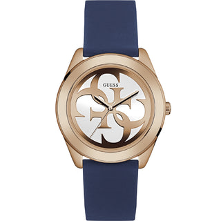 Front view of Guess G Twist W0911L6 Rose Gold Dial Blue Silicone Womens Watch on white background