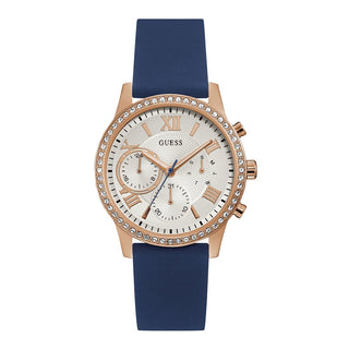 Front view of Guess Solar W1135L3 Beige Dial Blue Silicone Womens Watch on white background