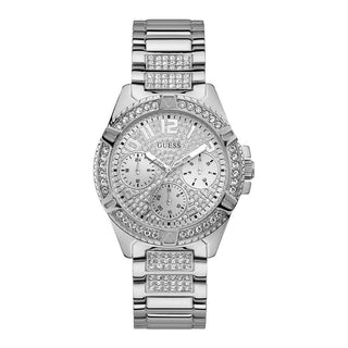 Front view of Guess Frontier Diamonds W1156L1 Silver Stainless Steel Womens Watch on white background
