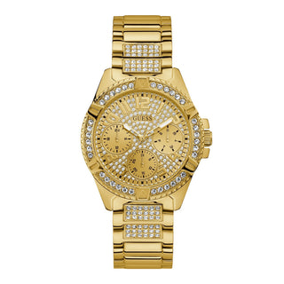 Front view of Guess Frontier Diamonds W1156L2 Gold Stainless Steel Womens Watch on white background
