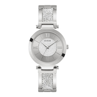 Front view of Guess Aurora W1288L1 Grey Stainless Steel Womens Watch on white background