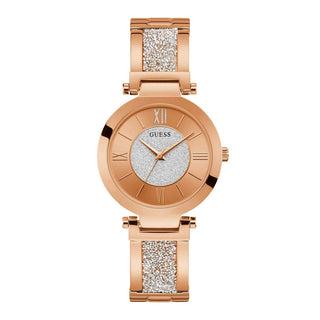 Front view of Guess Aurora W1288L3 Grey Dial Rose Gold Stainless Steel Womens Watch on white background