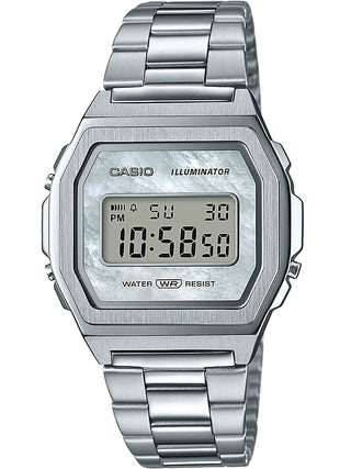 Front view of Casio Vintage Premium Collection Steel Bracelet Mop Dial A1000D-7EF Mother Of Pearl Dial Silver Stainless Steel Unisex Watch on white background