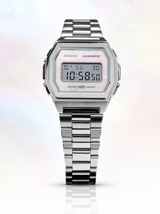 Angle shot of Casio Vintage Premium Collection Steel Bracelet Mop Dial A1000D-7EF Mother Of Pearl Dial Silver Stainless Steel Unisex Watch on white background