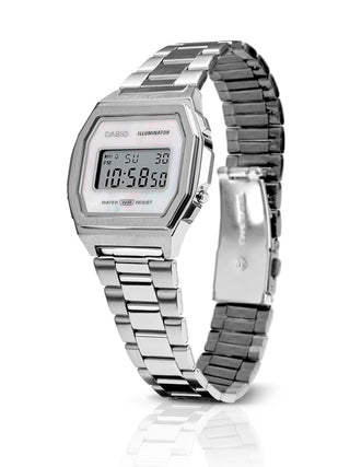 Angle shot of Casio Vintage Premium Collection Steel Bracelet Mop Dial A1000D-7EF Mother Of Pearl Dial Silver Stainless Steel Unisex Watch on white background