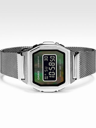 Angle shot of Casio Vintage Premium Collection Silver Mesh Mop Dial A1000M-1BEF Black Dial Silver Stainless Steel Unisex Watch on white background