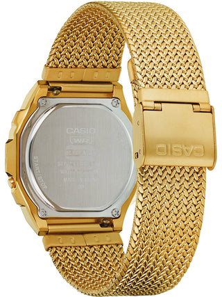 Angle shot of Casio Vintage Premium Collection Gold Mesh Brown Dial A1000MGA-5EF Grey Dial Gold Stainless Steel Unisex Watch on white background