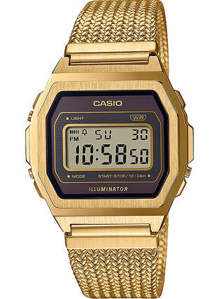 Front view of Casio Vintage Premium Collection Gold Mesh Brown Dial A1000MGA-5EF Grey Dial Gold Stainless Steel Unisex Watch on white background