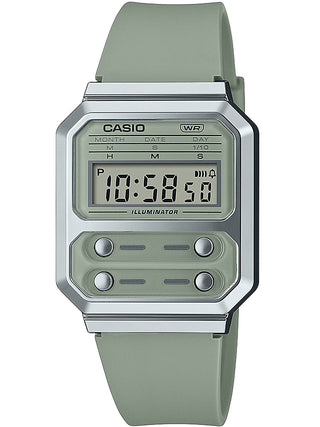 Front view of Casio Retro Vintage A100WEF-3AEF Green Rubber Unisex Watch on white background