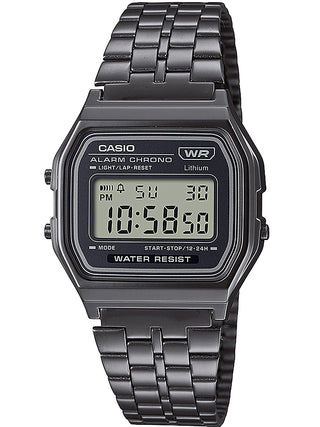 Front view of Casio Retro Vintage A158WETB-1AEF Black Stainless Steel Unisex Watch on white background